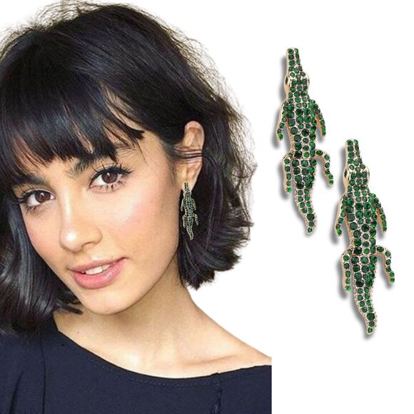 Gold Dipped Rhinestone CZ Bling Green Alligator Crocodile Gem Earrings NEW - Picture 1 of 4
